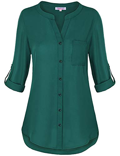 Boutique Clothing For Women,Ladies Elegant Button Down Tops Sexy V Neck 3/4 Roll Tab Sleeve Chic Tunic Tops Business T-Shirts Soft Surroundings Prime Wardrobe Dark Green M #TOP21