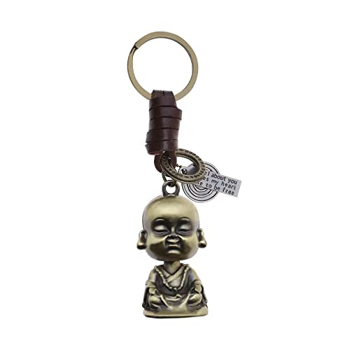 Porte-clés Bouddha Pendentif Vintage Tissé à la Main en Cuir Alliage Charme Porte-clés Accessoires Décoratifs Cadeau pour Femmes Hommes Sac à Dos
