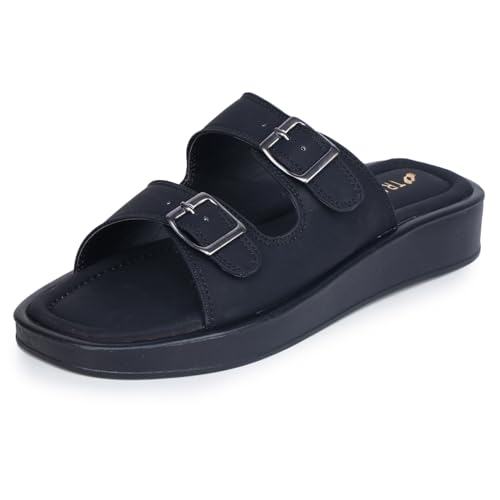 TRASE Sandals For Women | Slippers For Women | Sliders For Woman | Cushioned, Lightweight | Adjustable Strap | Comfortable | Casual Office Footwear (Black, 6 Uk)