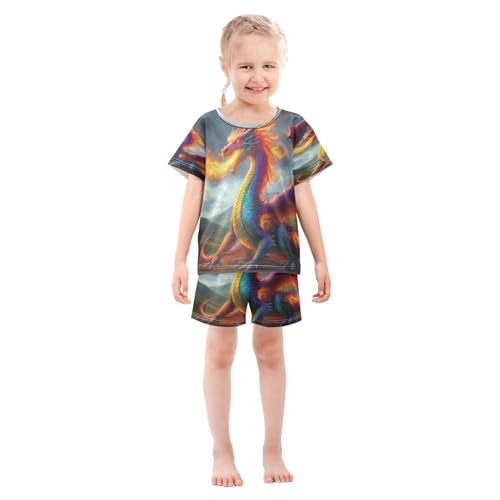 Pajama Sets Short Sleeve Dragon Breathes Fire Artwork Soft Cotton Summer Sleepwear 2 Piece PJS Size 5-14T4