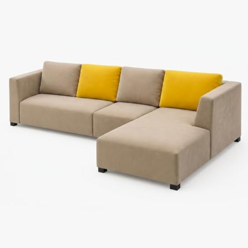 Image of FURNY Olympus 6 Seater RHS L Shape Sofa Set | Plush Velvet Suede Fabric | Modern Design | Soft Comfort Dual Color Cushions for Living Room, Office & Hotels (Beige-Yellow)