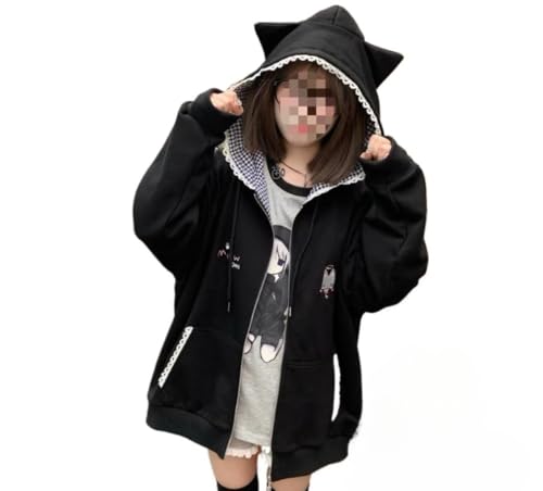 Cute Y2K Kitty Cat Ears Zip Up Hoodie for Women Girls Teen Long Sleeve Kawaii Coat Jacket Clothes Tops (Black,Small)
