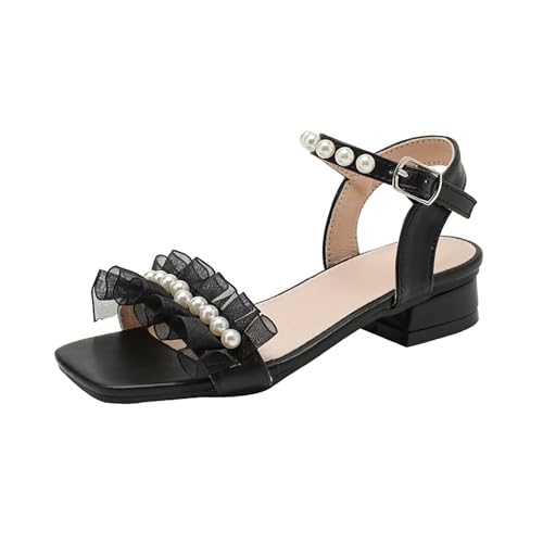 IWIHMIV Girls Sandals Summer Sandals for Flower Girls Low Heels Square Toe Ankle Strap Wedding Party Dress Shoes