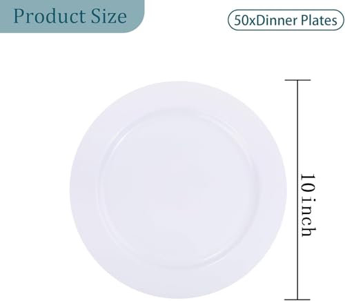 I00000 50Pcs White Plastic Dinner Plates 10 Inch, Premium Disposable Party Plates, Safe and Reusable, Heavy Duty Plastic Plates Perfect for Wedding Valentine's Day Party