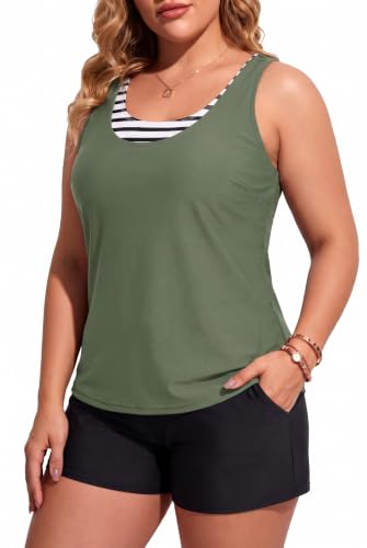 Image of Holipick Women Plus Size Swimsuits - Athletic 3 Piece Tankini with Shorts | Sports bikini top, high waist shorts, tank top, removable pads. Athletic style for water activties