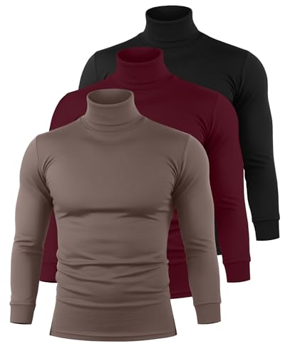 Riyiper 3 Pack Men's Turtleneck Shirts Thermal Basic Knitted Long Sleeve Casual Slim Fit Winter Pullover Tops(Black, Wine Red, Gray Coffee,M)