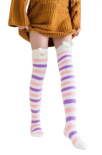 Image of Hotmiss Womens Thigh High Fuzzy Socks Cute Over the Knee Stockings Winter Warm Stripe Leg Warmers
