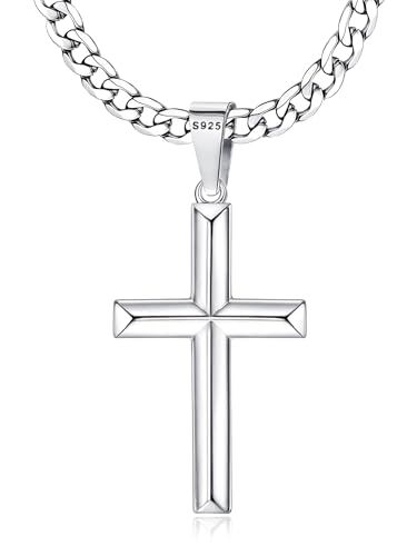 Roheafer Collier Croix Chretienne Argent 925 Chaîne Cubaine en Argent Pendentif Croix Collier pour Homme Femme Cadeaux Religieux Bijoux 46/51/56/61/66/76 Centimètre