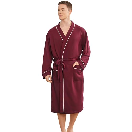 Image of Mens Lightweight Robe, Knit Kimono Bathrobe Spa Sleepwear Soft Knee Length Robe With Pockets