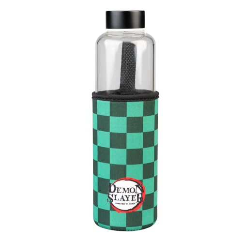 Grupo Erik Botella Agua Cristal Demon Slayer Anime - Botella Agua niños Guardianes de la Noche (Water Bottle) | Botella Cristal 500ml Con Funda Protectora de Neopreno y Asa