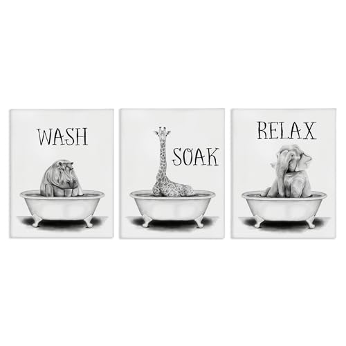 Image of Stupell Industries Jungle Animals Bath, 11 x 14 Inch Canvas Wall Art Set | Stupell Industries . By Rachel Nieman . Ready to hang . Great for bathroom decor . Made in USA