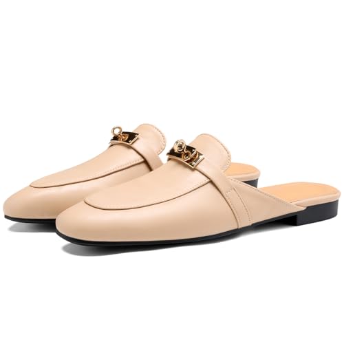 Image of Design Mules for Women, Almond Toe Slip-On Flats, Backless Loafers with Matal Buckle, Comfort Casual & Dressy Shoes