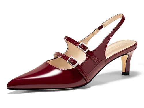 Image of Coutgo Womens Slingback Kitten Heels Mary Jane Pumps Closed Pointed Toe Buckle Strap Wedding Dress Shoes