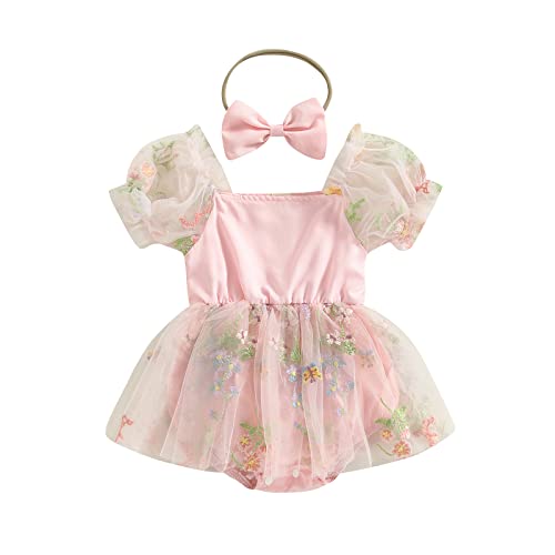 Ursobutegl Newborn Infant Baby Girls Romper Dress Short Sleeve Ruched Floral Skirts Bodysuits Headband Princess Outfit?Fairy Pink,12-18 Months?