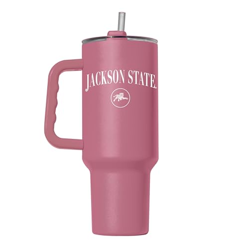 Image of Logo Brands NCAA Jackson State Tigers Berry 40 oz Tumbler with Handle - Stylish Everyday Use Powder Coated-Stainless Steel with Straw- Keeps Cold For Hours