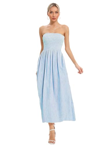 Image of Women Strapless Smocked Flowy Swing Boho Maxi Dress Tube Top Beach Dress | Smocked Bodice Flowy A Line Beach Dress with Pocket Casual Vacation Beach Wedding Guest Dress Off Shoulder Boho Dresses