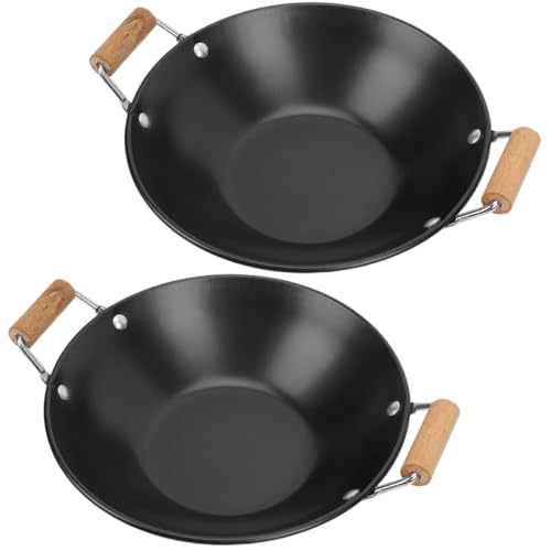 Cabilock 2pcs pequeño wok de acero inoxidable con mango doble de madera