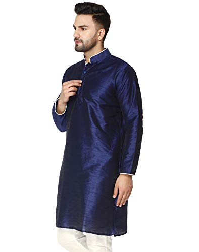 Image of Men's Art Silk Woven Design Long Kurta Mandarin Collar Straight Shirt
