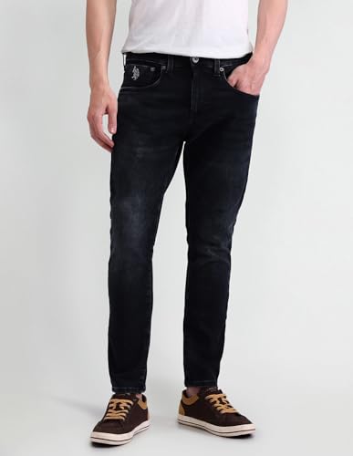 Image of US Polo Association Men's Blue Solid Mid Rise Light Button Slim Jeans (UDJEN1367 Blue 30)