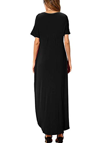 HUSKARY Womens Casual Pocket Beach Long Dress Short Sleeve Split Loose Maxi Dress, Black 01, Large