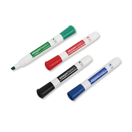 Image of Amazon Basics Low-Odor Dry Erase Whiteboard Markers, Chisel Tip, Quick-Dry, Black, Red, Green, Blue, 4-Pack