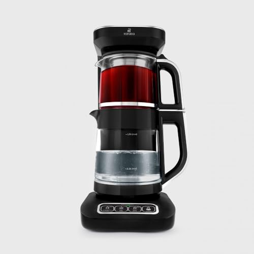 Karaca Çaysever Robotea Pro 4 in 1 Talking Automatic Glass Tea Maker Water Heater and Filter Coffee Brewing Machine 2500W Black Chrome