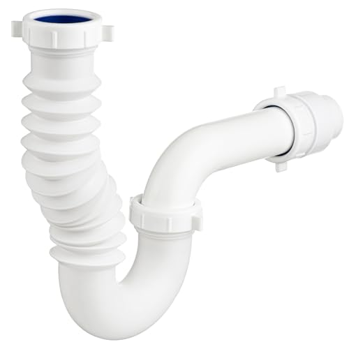 (1 Pack) Yariwiz White P Trap 1 1/2 Inch for Bathroom Kitchen Sink Drain Pipe Tubular Kit with Adjustable J-bend White Threaded Adapter and Blue TPE Washer KSD-004W