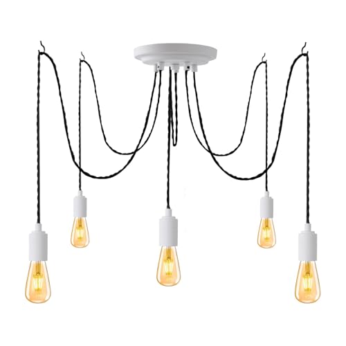 JIAHUA 5Lights White Industrial Pendant Light Fitting,Multiple Spider Ceiling Pendant Lamp Chandelier with Adjustable 3M Twisted Braided Cable E27 Lamp Holder