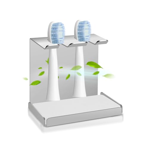 Edelstahl Zahnbürstenhalter Wand, Zahnbürstenkopf Halter mit Kieselgur, Aufsteckbürsten Halter für Oral-B, iO, Philips Sonicare, Halterung Zahnbürstenköpfe für 2 er Elektrische (Silbrig, 2 er)