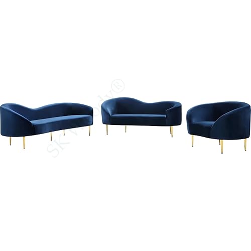 Image of Rosewood Luxury Curved Sofa in Premium Velvet-Fabric | Solid Wood Structure | High Density Foam | Sturdy Golden Legs | Comfortable & Stylish Couch for Modern Living Room (Navy Blue, 2 Seater)
