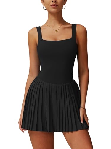 ABOCIW Womens Square Neck Tennis Dress Built in Shorts Pleated Backless Golf Athletic Dress with Pockets