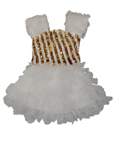 Image of BookMyCostume White & Golden Sequin Western Dance Costume for Girls | Stylish Top with Frill Sleeves & White Fluffy Skirt | Western Dance Costume for Kids| 6-7 Years