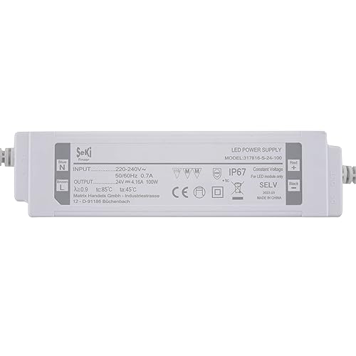 SeKi 24 V DC 100 W 4,16 A konstant spänning LED-drivrutin; IP67 vattenskyddad transformator, växelströmförsörjning; ingen minsta last, inget buller/LED-flimmer, MM godkänd