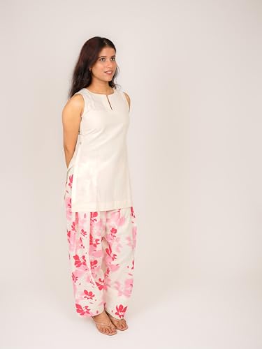 Image of MONOMEE Pink Floral White Farshi Salwar, Pure Cotton Sleeveless Keyhole Neck Printed Salwar Kurti Set for Women