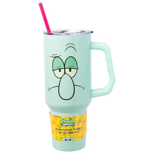 Image of Silver Buffalo SpongeBob SquarePants Stainless Steel Tumbler with Handle Featuring Squidward, Fits in Standard Cup Holder, 40 Ounces (Pack of 11)