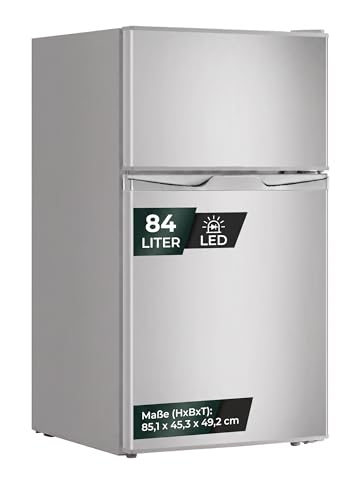 YUNA Kühl-Gefrierkombination GK85E-IX | 85cm Höhe | Inox-Look |‎ 84 Liter Nutzinhalt |4*Gefrierfach 25 L | LED-Beleuchtung | Single/Büro Kühlschrank | 2 Böden | 2 Türfächer (Effizienz E)