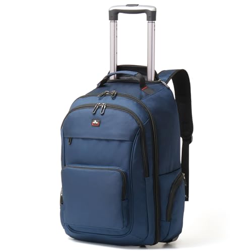 WIRABO Sac à Dos à roulettes 17,3 Pouces Bagage à Main Ordinateur Portable Bleu Sac de Voyage à roulettes, Grand Sac à Dos pour Homme, Travail, collège,...