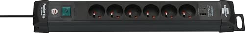 Brennenstuhl Premium-Line - Regleta con 6 Tomas y USB C PD 30 W y USB A 18 W (Made in Germany, Regleta con Cable e Interruptor, 3 m, Toma de Pared), Color Negro