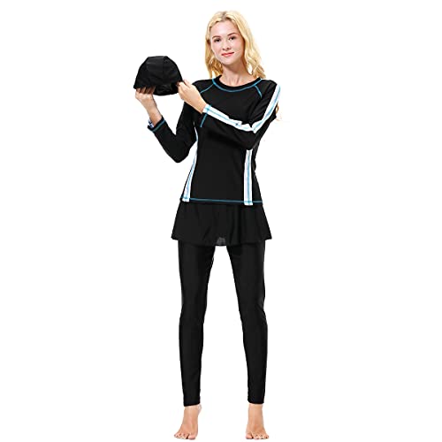 OBEEII Damen Muslimischer Badeanzug Wetsuit Wassersport Oberteil mit Hose Hijab Swimwear Burkini Badeanzug für Damen und Mädchen, Volle Abdeckung, Burkini Weiß L