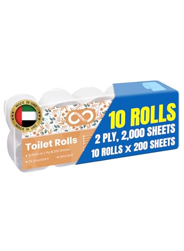 Brandsfinity Toilet Tissue Paper - Pack of 10 Rolls x 200 Sheets per Roll 2 Ply Soft and Fluffy Embossed Unscented Bathroom Tissue (Total 2000 Sheets)