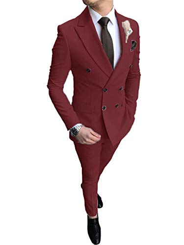 Men's Suit 2 Pieces Double Breasted Slim Fit Blazer Solid Prom Tuxedos Wedding Party Jacket & Pants Burgundy