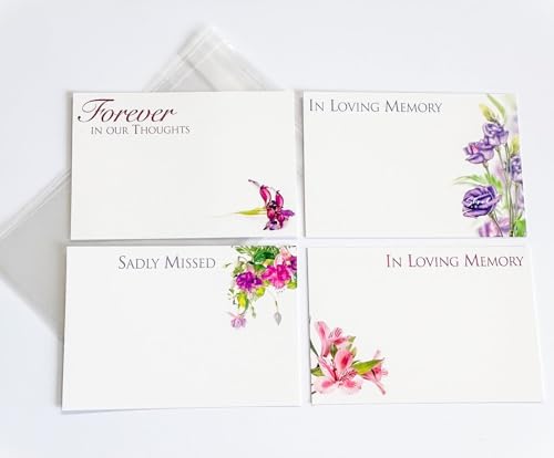 ShredAstic PACK OF 4 assorted small Florist Funeral flower Message Cards with 4 clear cellophane self seal bags 6 x 9cm (60x90mm) Forever in our thoughts In loving memory Sadly missed