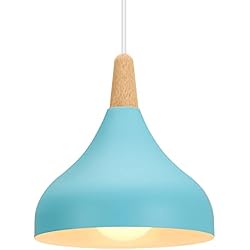 Lampara Techo Azul Amazon iDEGU Lámpara de Techo Retro LED Lámpara Colgante Moderna Estilo Gota E27 Iluminación de techo Vintage en Madera Metal Lámpara moderna para Dormitorio Comedor Cocina, 20cm (Azul, 1 Pieza)
