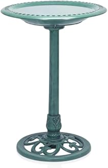 Alpine Corporation TEC116 Outdoor Aged Green Pedestal Birdbath with Scrollwork, 28" Tall, Green
