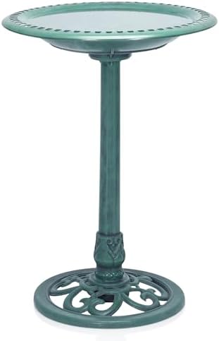 Resin Bird Baths Lightweight - Which 5 Will Transform Your Garden? 5 Alpine Corporation TEC116 Outdoor Aged Green Pedestal Birdbath with Scrollwork, 28" Tall, Green