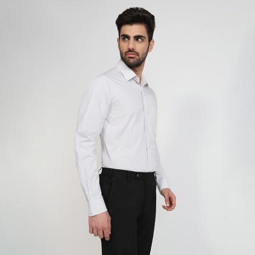 Image of Raymond Men Slim Fit Stripe Pattern Pure Cotton Semi Cutaway Collar Full Sleeve Formal Shirt