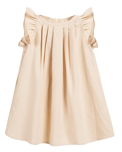 Toddler Baby Girl A-Line Summer Sundress Infant Little Kids Crewneck Ruffle Sleeve Front Pleated Playwear Dresses Back Button Down Soft and Breathable Clothers for 2-3Years Beige L