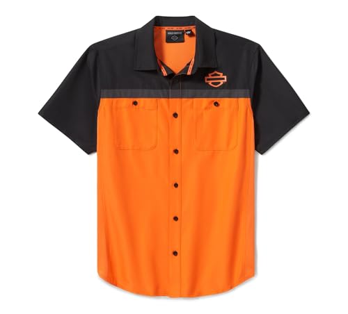 Harley-Davidson TECH Vented Button Shirt Colorblock Orange & Black 96737-25VM (US Alpha X-Large Regular Regular Orange)