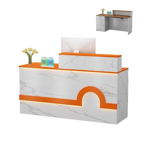 収納、キーボードトレイ、LEDライト、ロック可能な引き出し、ケーブル管理穴を備えたモダンな受付デスク。美術展、講堂用(B,Right,220X45X100CM)