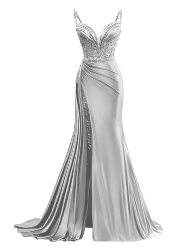 Sexy Prom Dresses for Women 2025 Satin Mermaid Long with Slit Lace Appliques Sleeveless V-Neck Pleats Elegant Formal Evening Gown Silver